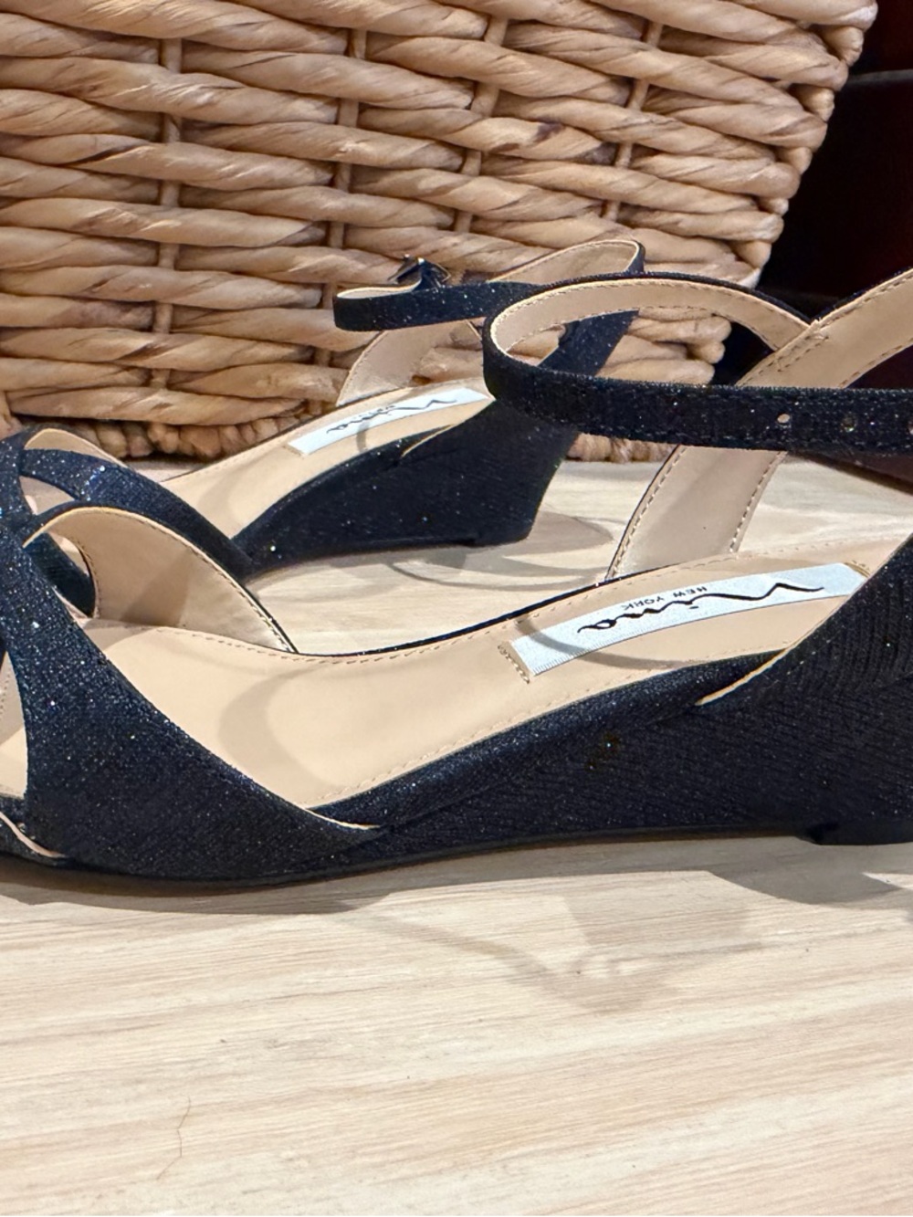 Nina Navy Blue Glitter Heeled Sandals - Picture 2 of 8